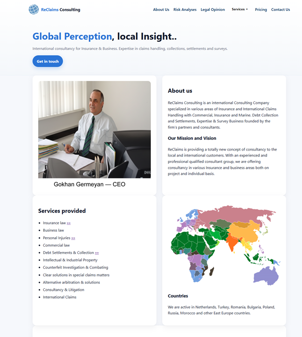 Website ontwerp en ontwikkeling voor ReClaims Consulting – international insurance and legal consultancy
